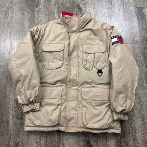 Vintage 90s Tommy Hilfiger Duck Down Puffer Jacket Utility Pockets Khaki